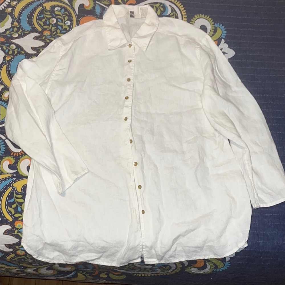 J. Jill 100% Linen White Button Down Shirt